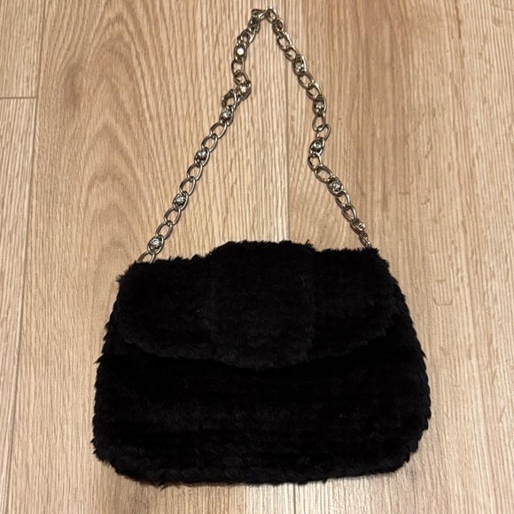 Kate Laundry Elegant Black Fuzzy sparkly Chain Strap Women's Bag - Picture 2 of 10